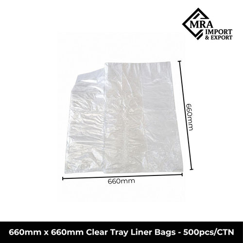 660×660mm clear tray liner bags, 17 micron, supplied in a bulk carton of 500 pieces for commercial use