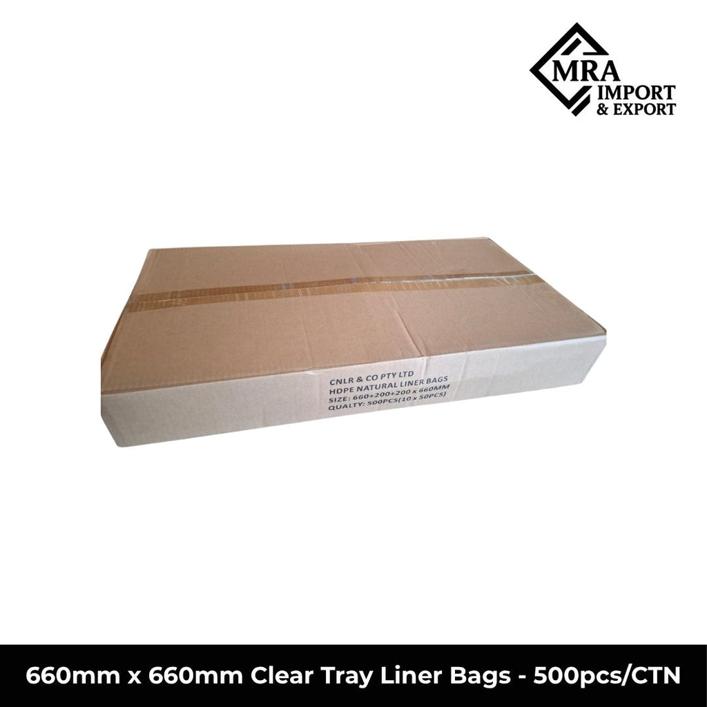 660×660mm clear tray liner bags, 17 micron, supplied in a bulk carton of 500 pieces for commercial use