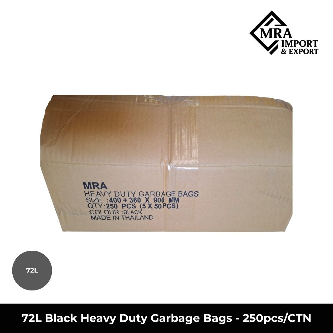 72L black heavy duty garbage bags, 400+360×900mm, supplied in a bulk carton of 250 bags