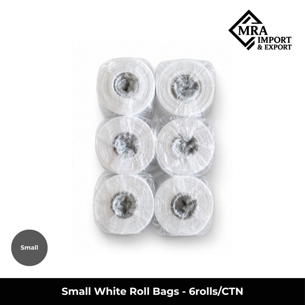 Small white roll bags supplied in a bulk carton of 6 rolls for retail, grocery and commercial use