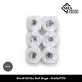 Small white roll bags supplied in a bulk carton of 6 rolls for retail, grocery and commercial use