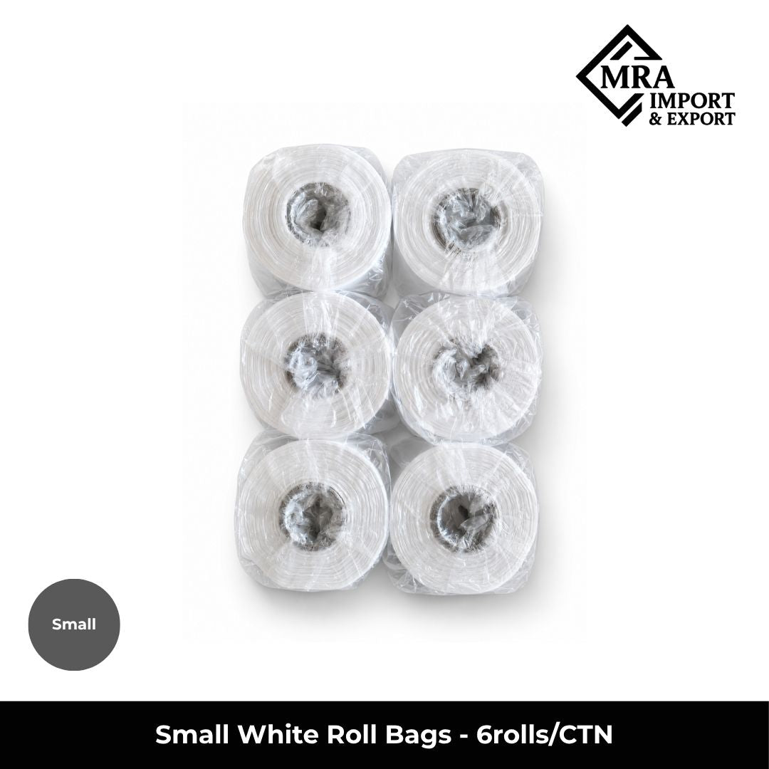 Small white roll bags supplied in a bulk carton of 6 rolls for retail, grocery and commercial use