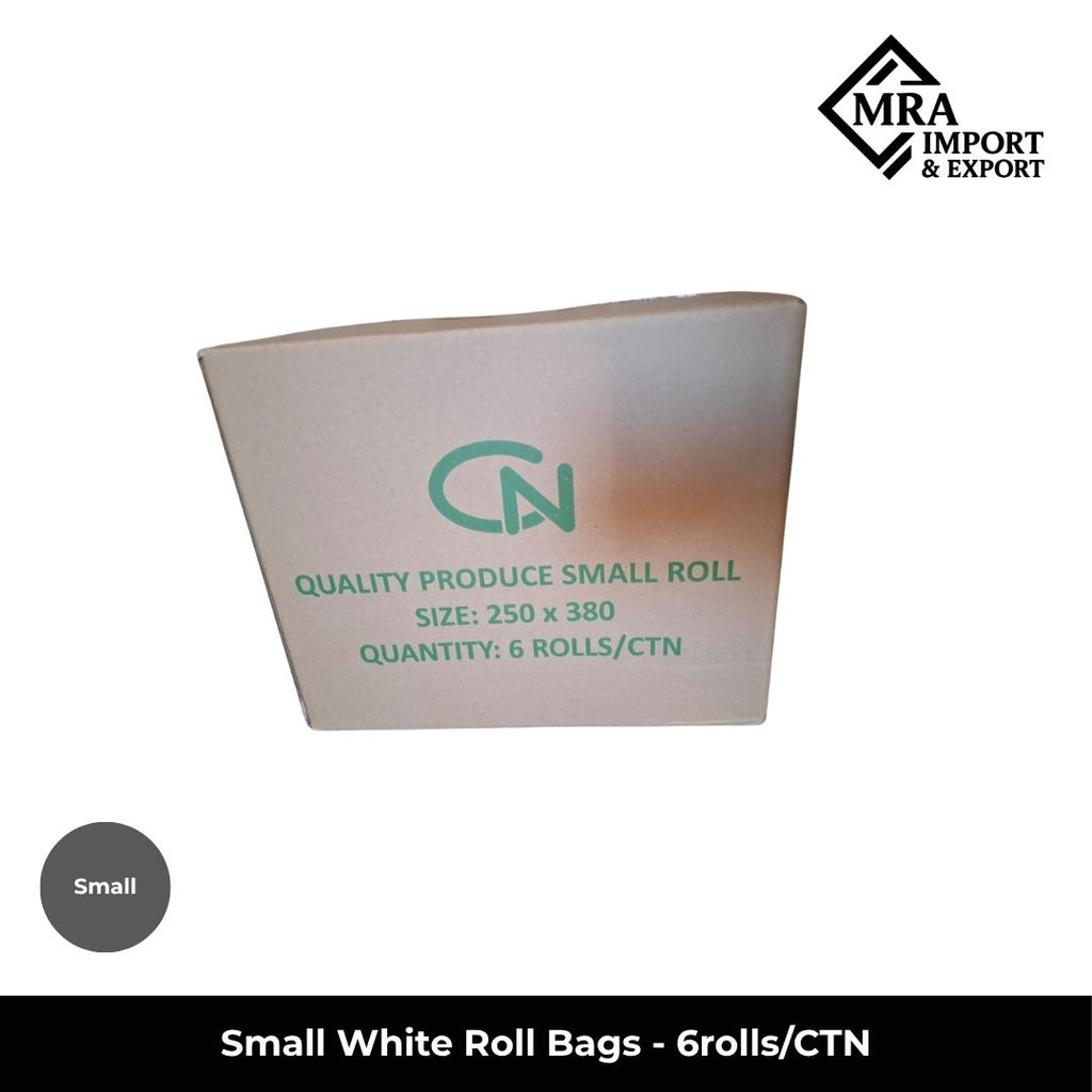 Small white roll bags supplied in a bulk carton of 6 rolls for retail, grocery and commercial use