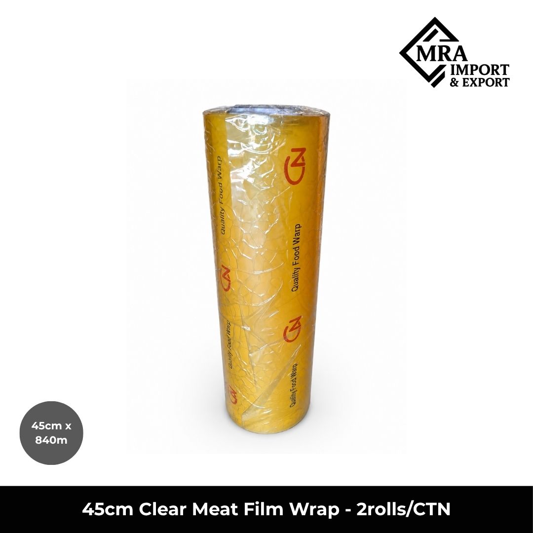 45cm clear meat film wrap with 840m length and 15mic thickness supplied in 2 rolls per carton