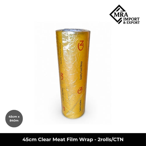45cm clear meat film wrap with 840m length and 15mic thickness supplied in 2 rolls per carton