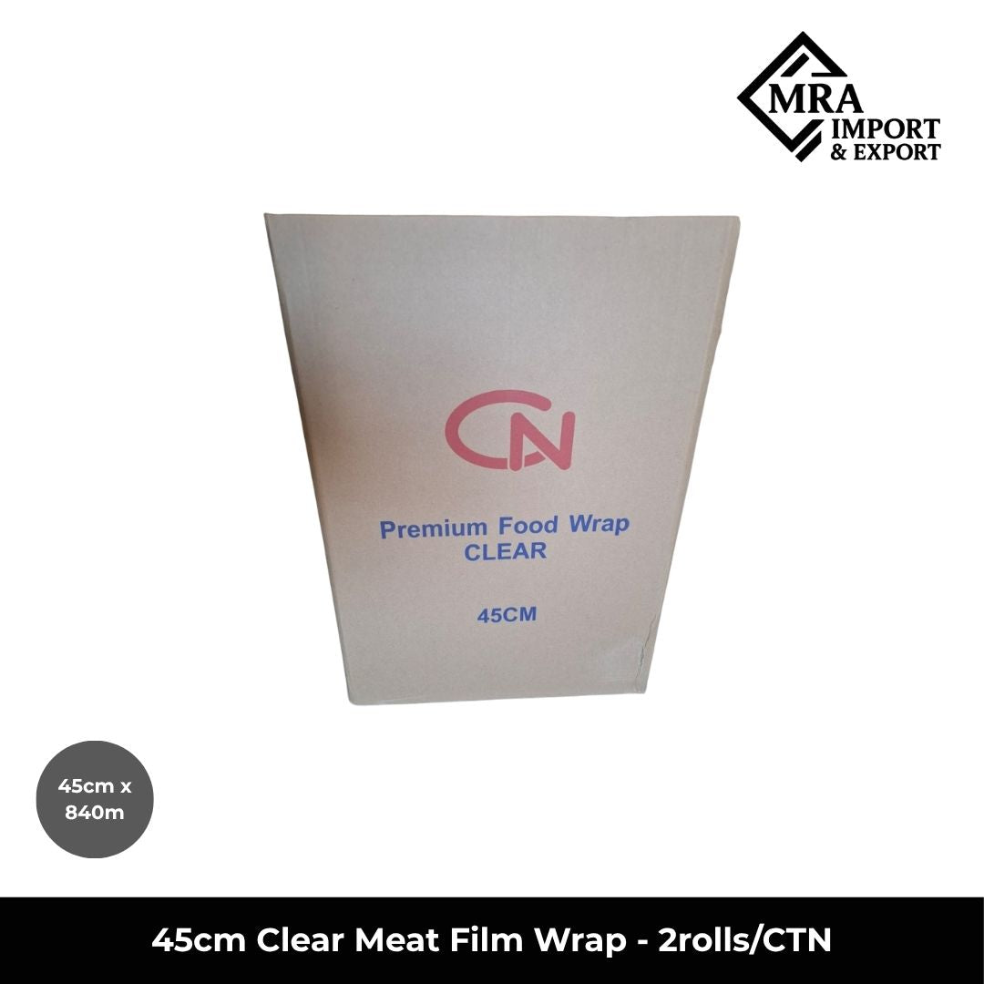 45cm clear meat film wrap with 840m length and 15mic thickness supplied in 2 rolls per carton