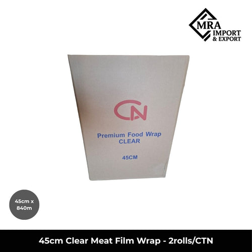 45cm clear meat film wrap with 840m length and 15mic thickness supplied in 2 rolls per carton