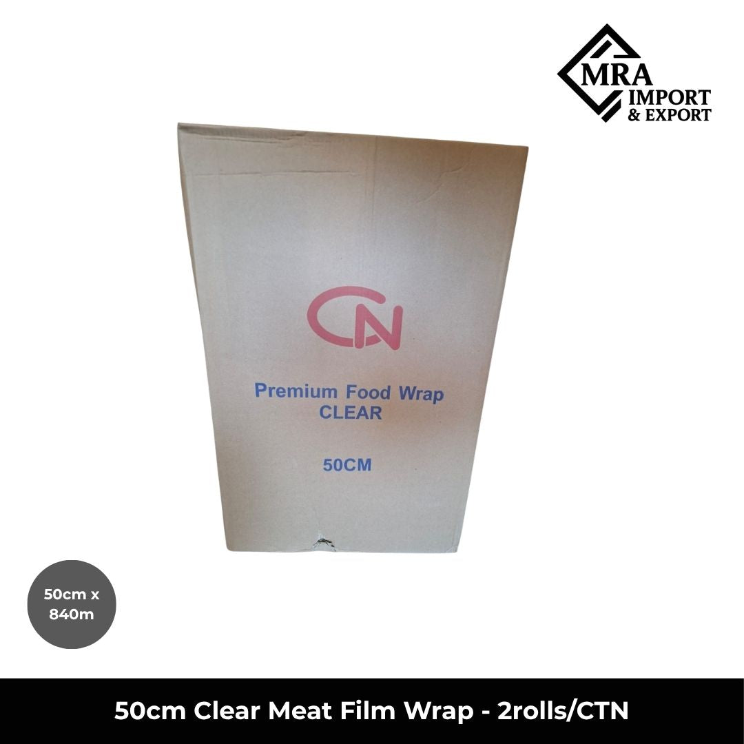 50cm clear meat film wrap with 840m length and 15mic thickness supplied in 2 rolls per carton