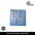 Extra blue carry bags supplied in a bulk carton of 260 pieces for retail, takeaway and commercial use