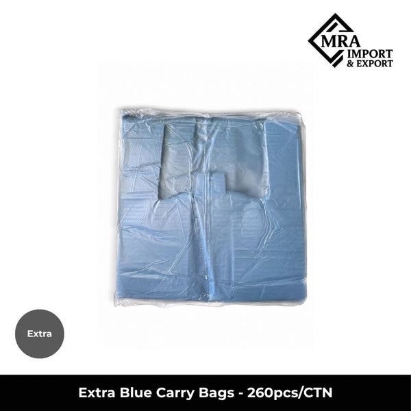 Extra blue carry bags supplied in a bulk carton of 260 pieces for retail, takeaway and commercial use