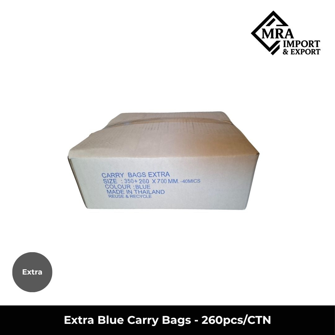 Extra blue carry bags supplied in a bulk carton of 260 pieces for retail, takeaway and commercial use