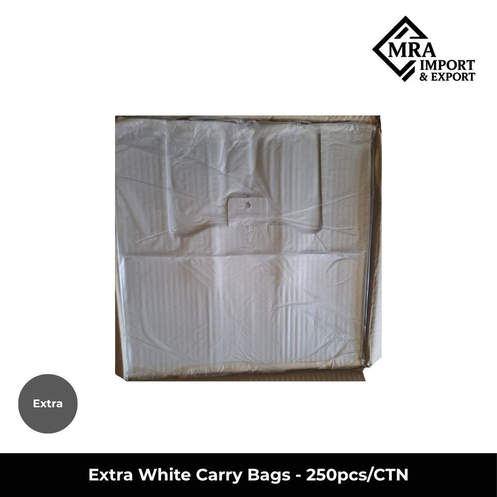 Extra white carry bags supplied in a bulk carton of 250 pieces for retail, takeaway and commercial use