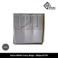 Extra white carry bags supplied in a bulk carton of 250 pieces for retail, takeaway and commercial use