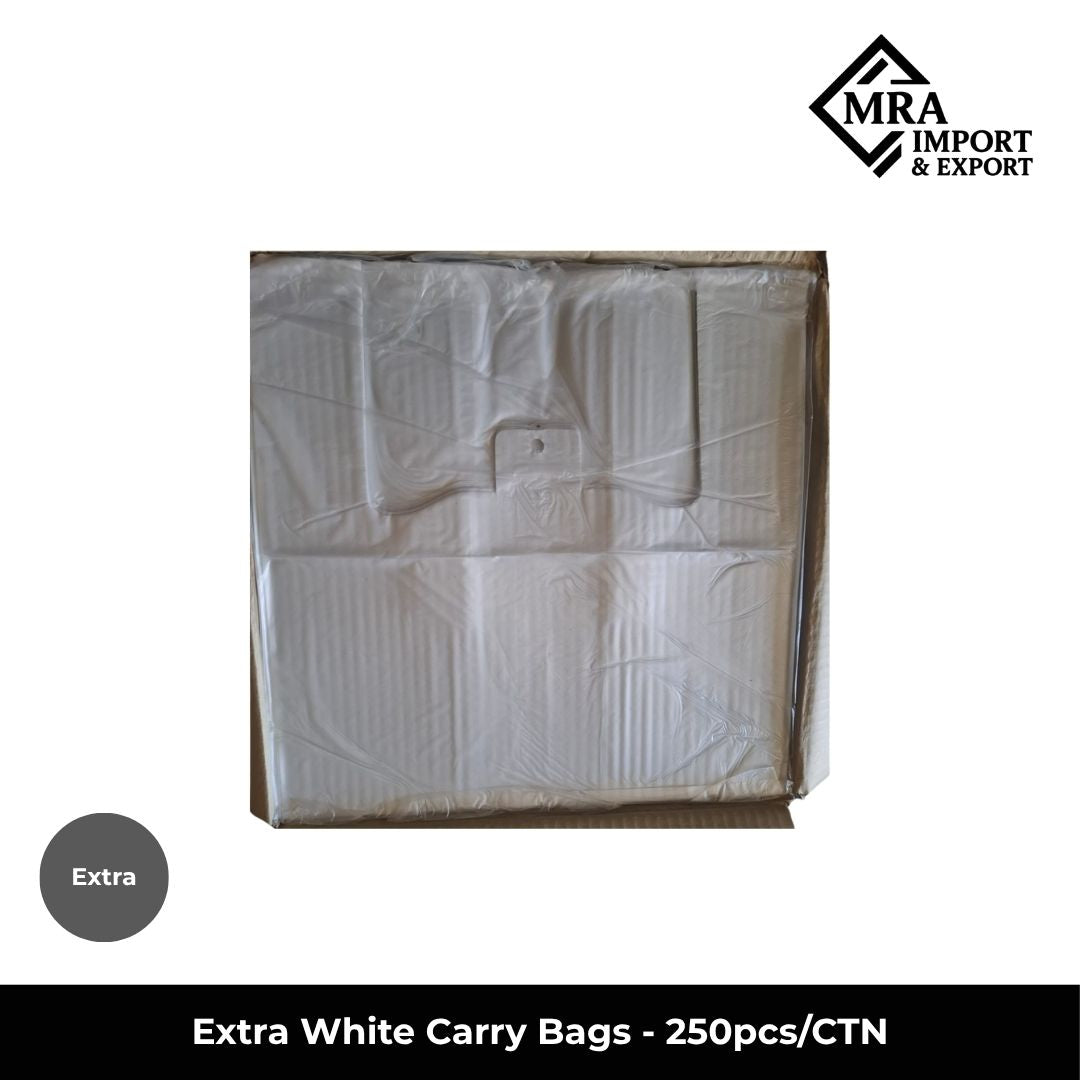 Extra white carry bags supplied in a bulk carton of 250 pieces for retail, takeaway and commercial use