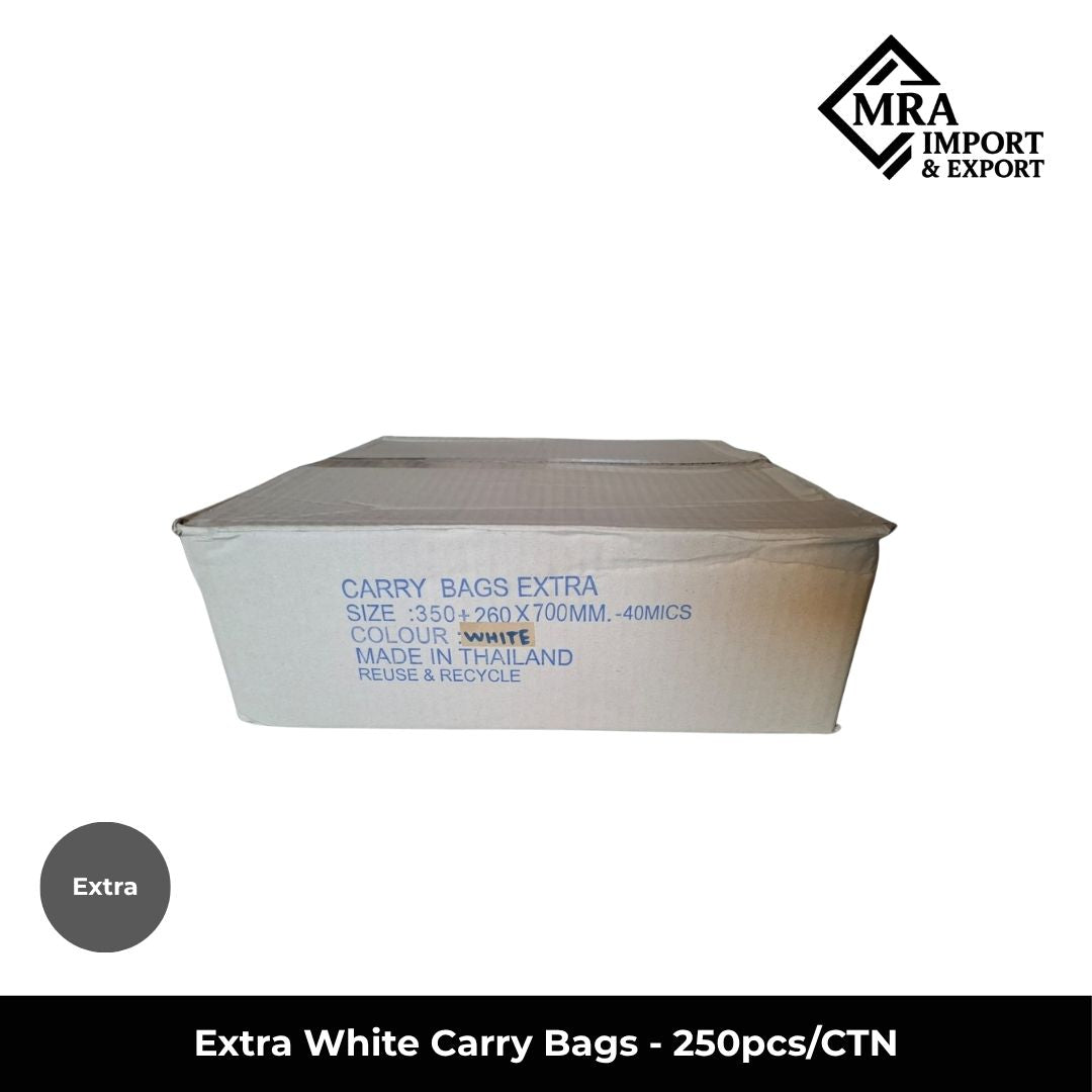 Extra white carry bags supplied in a bulk carton of 250 pieces for retail, takeaway and commercial use