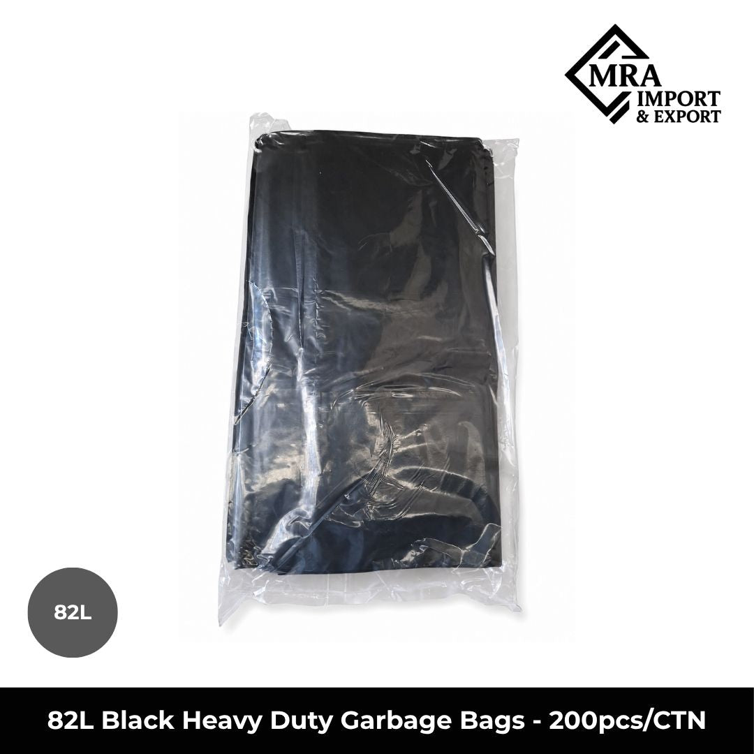 82L black heavy duty garbage bags, 460+350×960mm, supplied in a bulk carton of 200 bags for commercial use