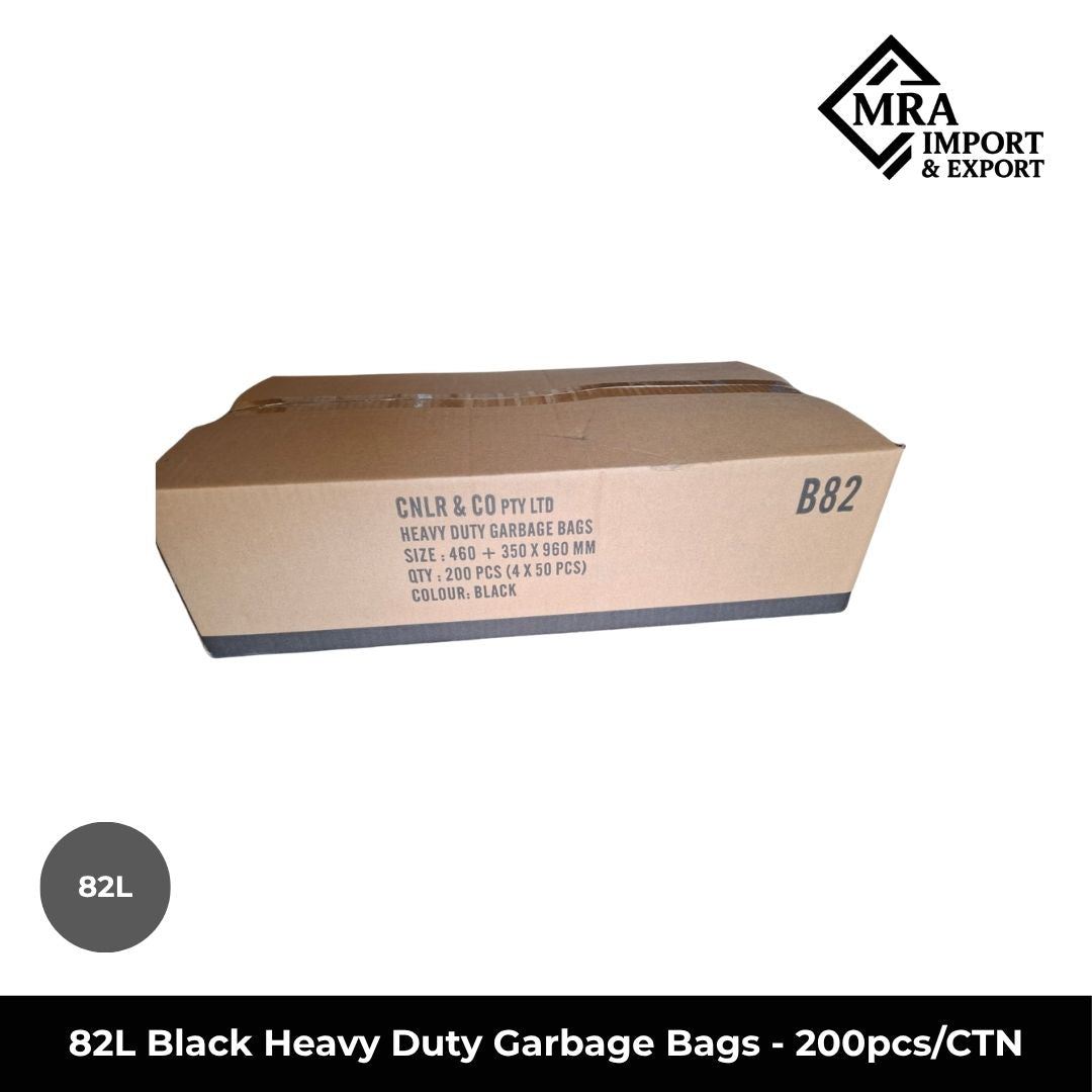 82L black heavy duty garbage bags, 460+350×960mm, supplied in a bulk carton of 200 bags for commercial use