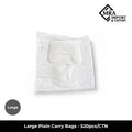 Large white plain carry bags supplied in a bulk carton of 520 pieces for retail, takeaway and commercial use