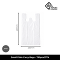 Small white plain carry bags supplied in a bulk carton of 790 pieces for retail, takeaway and commercial use